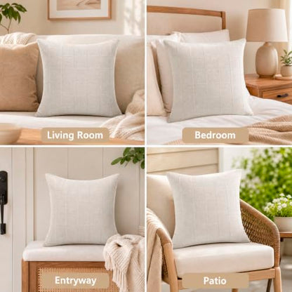 Linen Burlap Textured Pillow Covers 18x18 Inch Beige Set of 2 | Plaid Pillow Covers with Hidden Zipper,Soft Farmhouse Cushion Covers for Couch Sofa Living Room Bedroom,Machine Washable - color: Beige, size: 18" x 18" (Pack of 2)