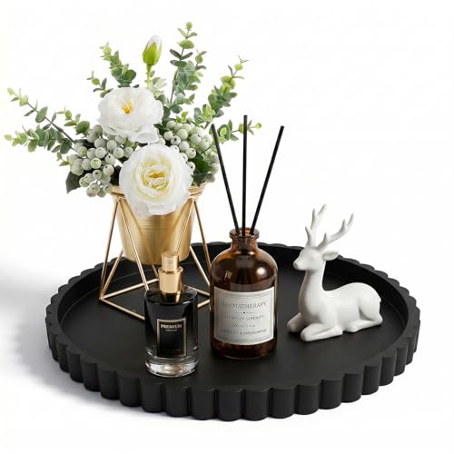 Silicone Bathroom Vanity Trays for Counter - 9.1 Inch Round Small Bathroom Tray with Scalloped Edge Vanity Organizer, Coffee Table Decor, Decorative Tray for Candle Key Skincare Perfume Storage, Black - color: Black, size: 9.1"