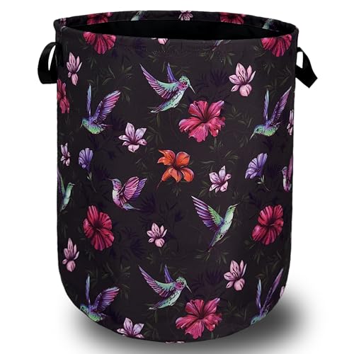 Beautiful HUmmingbird Laundry Basket Oxford Cloth Foldable Hamper 18.9x16.5 | Bird Hibiscus Floral With Handle Tote Bag Laundry Hamper Clothes Storage Bucket Toy Organizer For Bathroom/Laundry/Bedroom - color: Pretty Hummingbird Hibiscus Flower