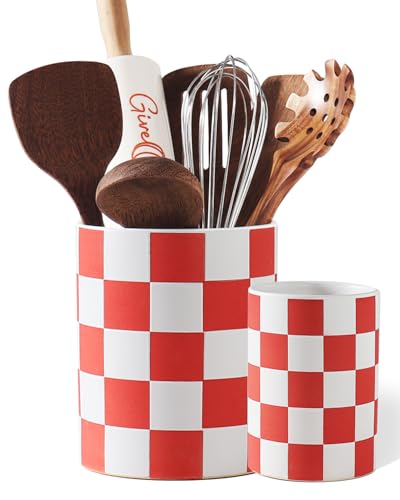 Utensil Holder，7.1"+5.8" Ceramic Kitchen Utensil for Counter top, Checkered Cooking Utensil Holder for Spatula & Spoon, Kitchen Decor, Set of 2 (Red Checkered) - color: Red Checkered