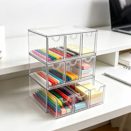 Prsildan Craft Art Supply Organizer Stackable Storage Drawer with 9 Drawers | Clear Acrylic, Tea Bag K Cup Organizer, for Kitchen Office Desk Vanity Makeup Organizer, 3 Pack - size: Stackable-9 Drawers