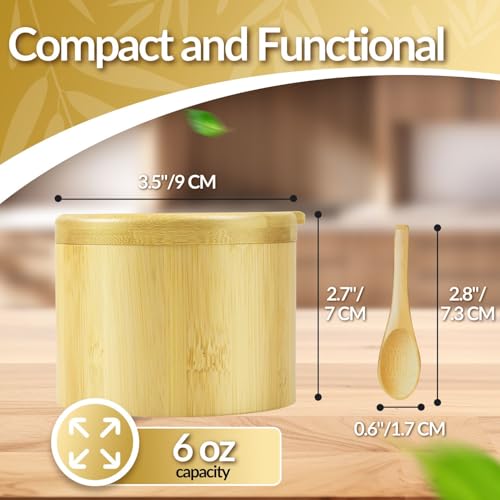 Flexzion Bamboo Salt Cellar with Lid and Spoon, Salt and Pepper Box, 2 Pack | 6 Oz Salt Containers for Countertop Storage with Magnetic Swivel Lids for Pepper, Spices, Sugar, Herbs, and Seasonings