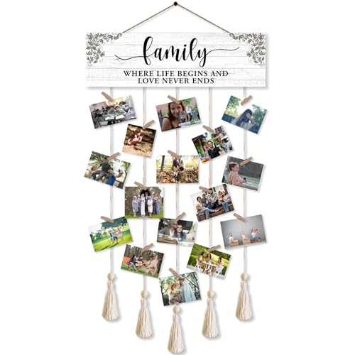 Family Where Life Begins And Love Never Ends Hanging Photo Display Board With 16 Clips 5 Strings,Rustic Style Picture Collage Frames Wall Decor Wood Hanging For Home Décor,Housewarming Gift - color: Family Where Life Begins