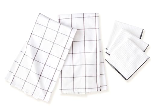 Premium Cotton Flour Sack Kitchen Towels and Dishcloths Set of 5 - Large 20”x 30” Kitchen Towels, Set of 2, Dishcloths, Set of 3. Towels Become Softer and Tougher After Washing. Gray Check Design.