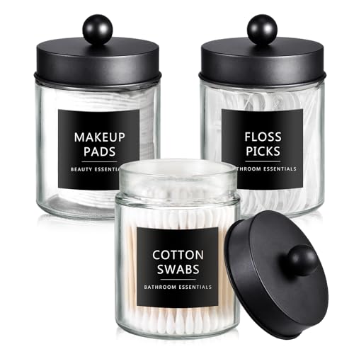 SheeChung 3 Pack Glass Qtip Holder with Black Stainless Steel Lids | Apothecary Jars with Stickers, Modern Farmhouse Bathroom Vanity Organizer for Cotton Swabs, Balls, Pads - color: Black, size: 3 pack