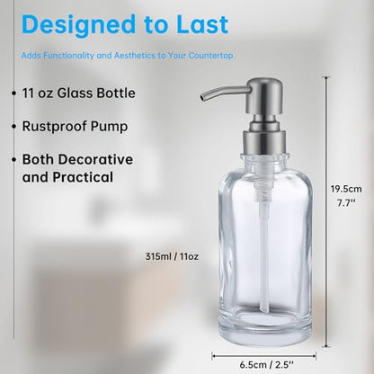 Clear Glass Soap Dispenser with Brushed Nickel Pump 2 Pack, 2 X 11 OZ Liquid Soap Dispenser Cylindrical with Stainless Steel Pump for Dish Hand Soap Bathroom Kitchen Vanity Countertop - color: Brushed Nickel, size: 2X11 oz