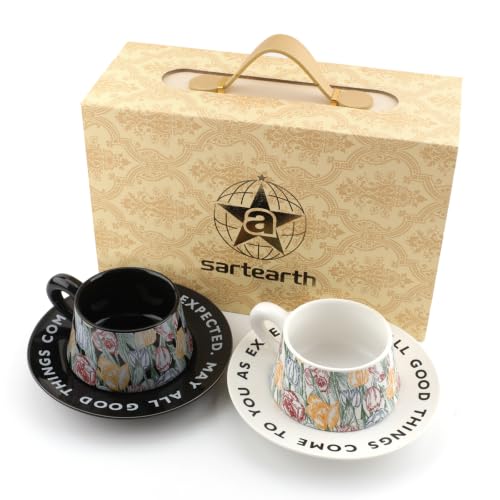 Tea Cup and Saucer Set of 2, 9.8 oz Porcelain Floral Cups with Gift Box, Black and White Vintage Coffee Cup Set, Dishwasher Safe, Gift for Women, Mom, Birthday and Housewarming - color: Black/White