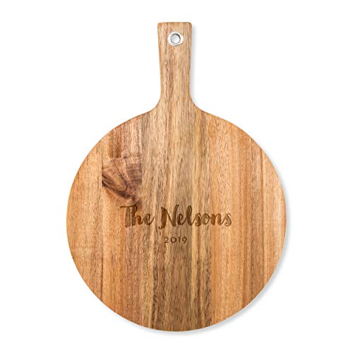 Weddingstar Personalized Wooden Round Cutting Board or Serving Board with Handle 12" x 16.5" - Retro Script Etching - color: Retro Script, size: 16.5"L x 12"W
