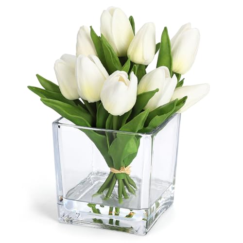 Garvee White Tulip Artificial Flowers with Glass Vase, Silk Faux Tulip Flower Arrangement with Faux Water, Fake Flowers in Vase for Table Centerpieces, Shelf Bathroom Decor, Home & Wedding Decoration - color: White Tulip