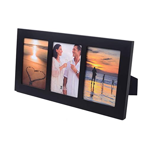 4x6 3-Opening Collage Picture Frame Black Wood | Shatter-resistant glass, tabletop & wall mount, fits 4x6 photos - size: 4x6 - 3 Opening