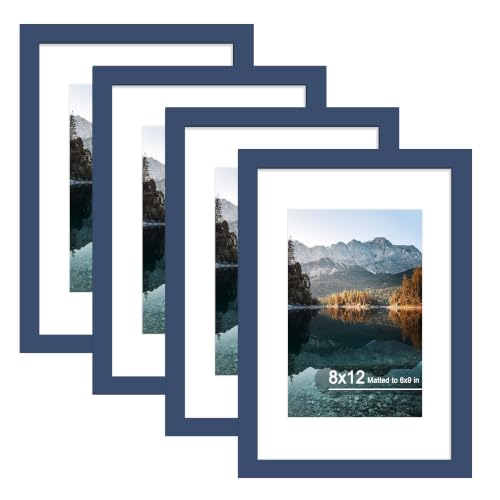 8x12 Picture Frame Set of 4 with Real Glass, Wall & Tabletop Display | Fits 6x9 with Mat or 8x12 without Mat, Crystal-Clear Viewing for Family Photos and Gallery Walls, Blue - color: Blue, size: 8x12 in