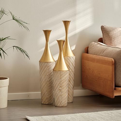 White Golden Floor Vase - Set of 3 Modern Extra Big Tall Vases (35.4/31.5/27.5in) with Minimalist Ribbed Design, Perfect for Pampas Grass, Living Room, Dining Room, Hallway & Office Decor - color: Floor Vases Champagne
