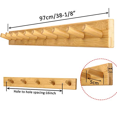 WEBI Coat Rack Wall Mounted,10 Hooks,38" Long Coat Hanger Wall Mount,Peg Rail Hat Hooks for Hanging Caps,Jacket,Clothes,Coats,Natural - color: Natural, size: 38 inch