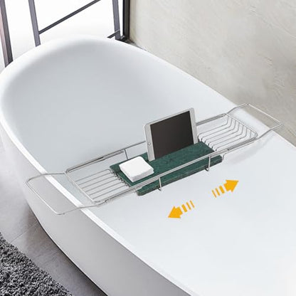 Bathtub Tray Caddy for Luxury Bath, 26.8-35.4in Expandable Bathtub Tray with Raised Guardrail and Deep Groove, 44.09 lbs Capacity, for Toiletries, Tablets, Kitchen Sink Fruits (Silver, Green) - color: Silver, Green