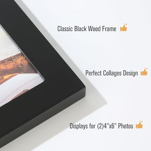 4x6 2-Opening Collage Frame Black Wood | Two 4x6 openings, shatter-resistant glass, tabletop & wall mount - size: 4x6 - 2 Opening
