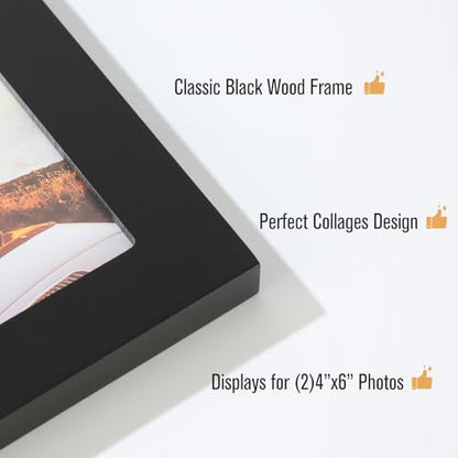 4x6 2-Opening Collage Frame Black Wood | Two 4x6 openings, shatter-resistant glass, tabletop & wall mount - size: 4x6 - 2 Opening