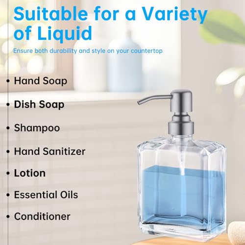 Clear Glass Soap Dispenser with Brushed Nickel Pump, 13.5 OZ Liquid Soap Dispenser Square with Stainless Steel Pump for Dish Hand Soap Bathroom Kitchen Vanity Countertop - color: Brushed Nickel, size: 13.5 oz