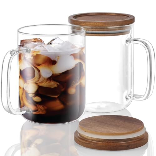 DRASTAR Glass Coffee Cups,12 oz Clear Coffee Mugs with Acacia Wood Lid,Flat Bottomed Coffee Mug with Handles,Tea Cup Set of 2 - size: 12 oz