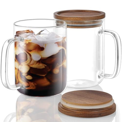 DRASTAR Glass Coffee Cups,12 oz Clear Coffee Mugs with Acacia Wood Lid,Flat Bottomed Coffee Mug with Handles,Tea Cup Set of 2 - size: 12 oz