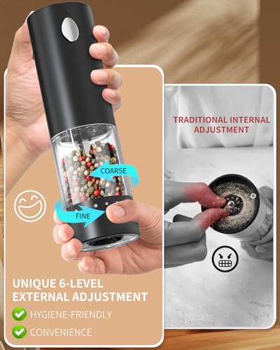 CIRCLE JOY Electric Salt and Pepper Grinder Set Automatic Salt and Pepper Grinder Set with Easy-to-Carry Charging Base and LED Light, USB Rechargeable, Upgrade External Adjustable Coarseness - color: Black