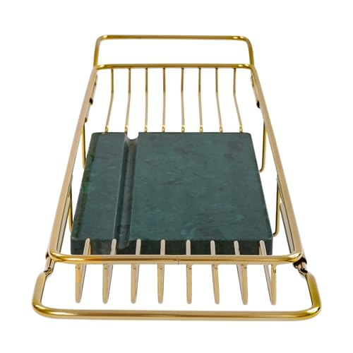 Expandable Bathtub Tray Caddy for Luxury Bath, Extra Wide Acrylic Tub Tray with Natural Marble Board, Waterproof Bath Tub Shelf for Phone, Wine, Book, Tablet Stand - Ideal Home Spa (Gold, Green) - color: Gold, Green