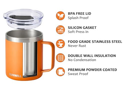 SUNWILL Insulated Coffee Mug with Lid, Travel Tumbler with Handle, 14 oz Stainless Steel Cup for Camping, Office, Home, Powder Coated Orange - color: Powder Coated Orange