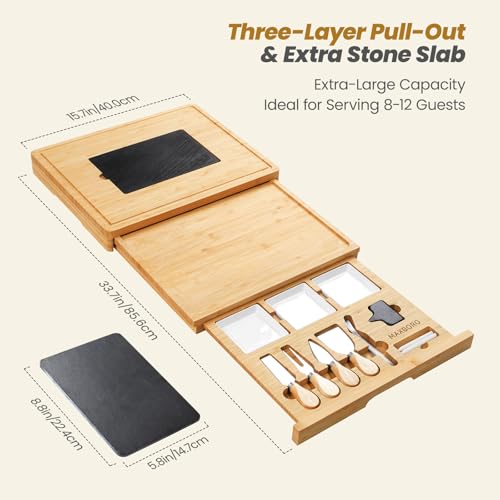 Extra Large Bamboo Charcuterie Board, 3-Layer Pull-Out Cheese Trays | 33.7"x15.7" 3-Layer Pull-Out Cheese Board with Slate Plate, Knife Set, Bowls, Ideal for Home Parties and Housewarming Gifts - color: Natural Bamboo