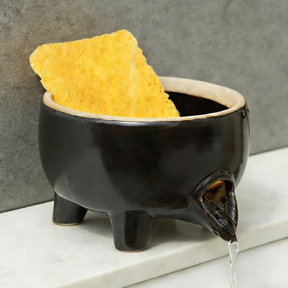 Ceramic Sponge Holder with Drainage, Black Sink Caddy Organizer | Self-Draining Kitchen Versatile Holder for Sponges, Brushes & Bar Soap, Scrubber , Quick-Dry Design, Keeps Countertop Dry