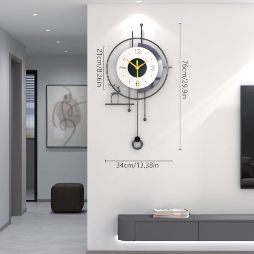 Modern Nordic Style Wall Clock Minimalist Creative Decorative Wall Clocks Silent Battery Powered Pendulum Clock Metal Frame + Wooden Dial Quartz Clock for Living Room Kitchen Bedroom Office, 13*25 in