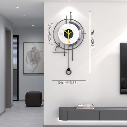 Modern Nordic Style Wall Clock Minimalist Creative Decorative Wall Clocks Silent Battery Powered Pendulum Clock Metal Frame + Wooden Dial Quartz Clock for Living Room Kitchen Bedroom Office, 13*25 in