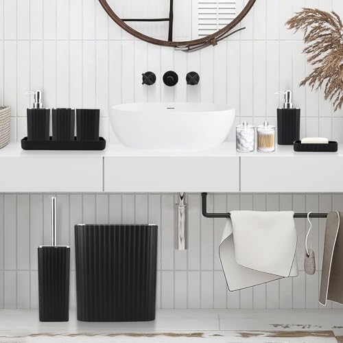 XLHOMO Bathroom Accessories Set - Gorgeous Bathroom Set, 10PC Black Bathroom Accessory Set, Toilet Brush, Trash Can, Qtip Holder & Soap Dispenser - size: Bath Set, style: Black&Silver