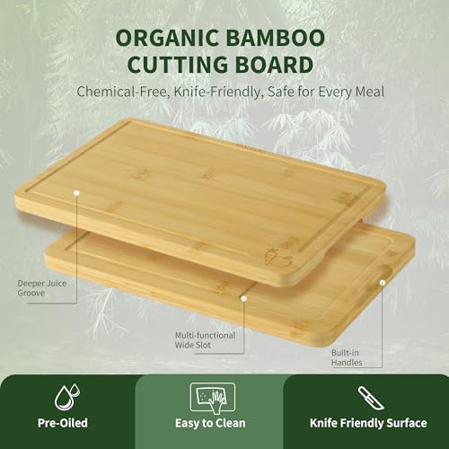 BAMBANG Bamboo Cutting Board Set, 3-Piece Wooden Chopping Boards for Kitchen, Non-Toxic Butcher Block with Juice Groove, Large Medium Small Cutting Boards for Meat, Vegetables & Cheese - color: Natural