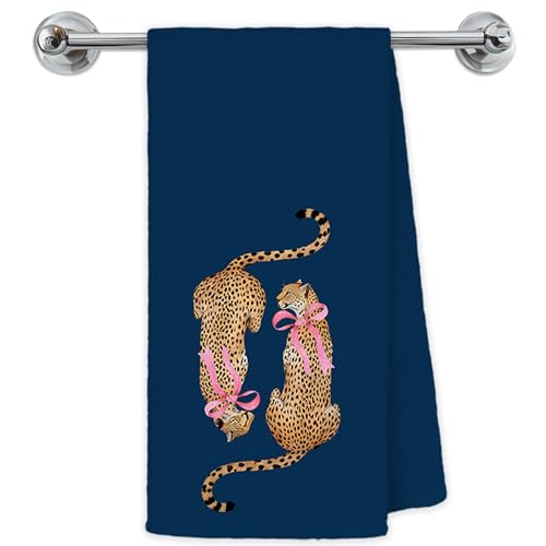 Coquette Pink Bow Two Cheetah Kitchen Towels, Navy Blue Leopard Hand Towels for Bathroom Kitchen, Trendy Preppy Leopard Decorative Dish Towels Drying Cloth, 16x24 Inch - color: Coquette-towels-p