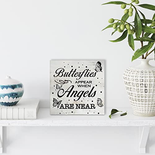 Rustic Religious Sympathy Quote Wood Box Sign Butterflies Appear When Angels are Near Wooden Box Sign Home Desk Shelf Decor (5 X 5 Inch) - color: Angels