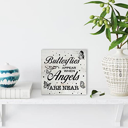 Rustic Religious Sympathy Quote Wood Box Sign Butterflies Appear When Angels are Near Wooden Box Sign Home Desk Shelf Decor (5 X 5 Inch) - color: Angels