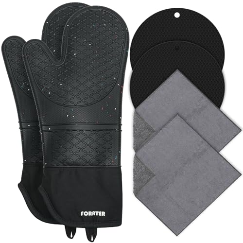 Silicone Oven Mitts 15'' Heat Resistant Flexible Oven Glove Set Hot Mitts with Soft Cotton Lining for Cooking, Baking, and Grilling (Black Mitts+potholders+Kitchen Towels, 15'') - color: Black, size: 15''-6pcs
