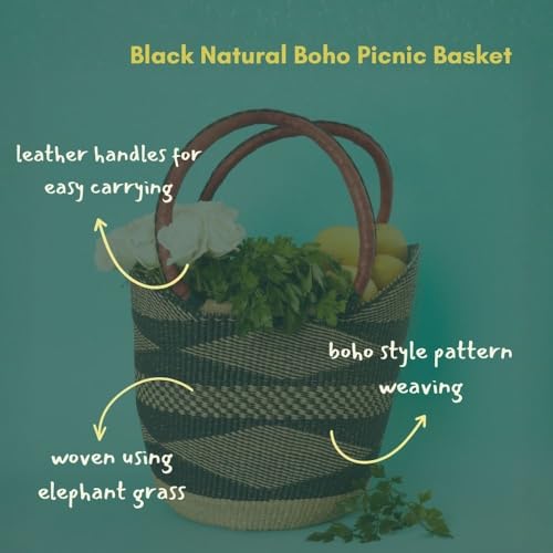 Black African Basket with Handles for Farmers Market and Picnic, 16 Inch Wide - color: Black Natural