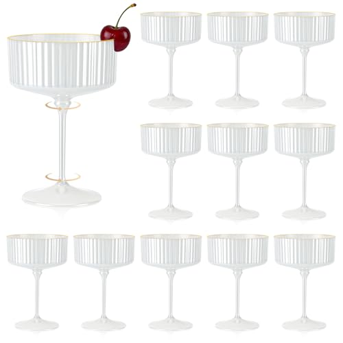 XUWAIDSGN 12 PCS Champagne Martini Glasses Acrylic Pearl White 10 oz Espresso Martini Glasses Gold Rim Acrylic Ribbed Coupe Glasses Vintage Cocktail Glass Champagne Coupe Cup For Wedding Anniversary - color: Pearl White