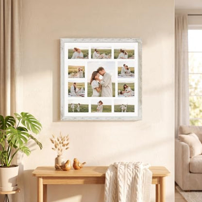 Hongkee 20x20 Square Frame 2 Pack, Fits 11 Photo with Mat- Real Glass Cover | Distressed White Wooden, Display Collage One 8x10, Four 5x5, Six 4x6 - Wall Mounting, fits Photos, Posters and Art - color: Distressed White, size: 20x20 in with mat