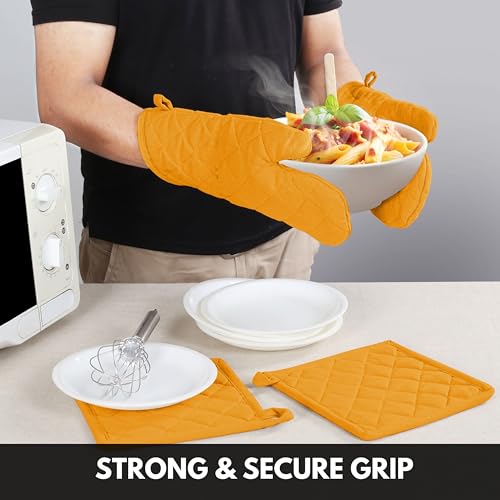 Oven Mitt (7"x13") & Pot Holder (8"x8") 100% Cotton Set of Heat Resistant Oven Gloves & Hot Pads for Gifts, BBQ, Cooking, Baking, Thanksgiving - Mustard Yellow - color: Mustard Yellow