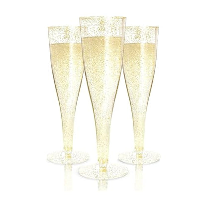 Prestee 48 Pack Champagne Flutes Plastic Disposable - Gold Glitter Flute Glasses for Champagne, Mimosa Bar, New Year's Eve 2025 Party Supplies, Wedding, Shower, Event - 4.5 oz Fairy Stemware - color: Gold Glitter, size: 48 Count (Pack of 1)