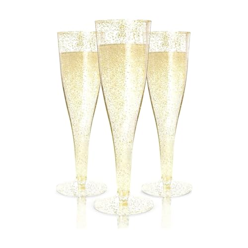 Prestee 48 Pack Champagne Flutes Plastic Disposable - Gold Glitter Flute Glasses for Champagne, Mimosa Bar, New Year's Eve 2025 Party Supplies, Wedding, Shower, Event - 4.5 oz Fairy Stemware - color: Gold Glitter, size: 48 Count (Pack of 1)
