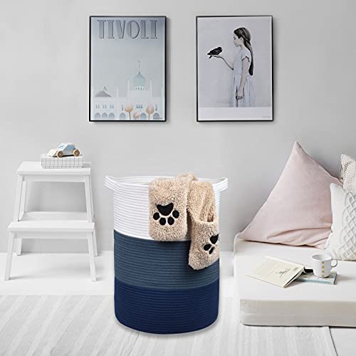 Cotton Rope Blanket Basket, 72L Tall Laundry Hamper, White & Blue | 16"x 22", Large Collapsible Woven Nursery Hamper with Sturdy Handles for Clothes Toys Towels, Bedroom Living Room Bathroom - color: White & Cadet Blue & Navy Blue, size: 72L (16"x22")