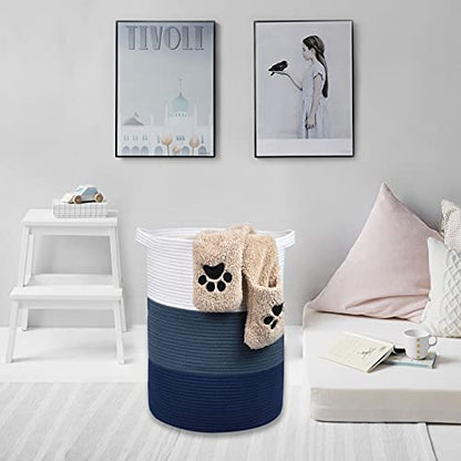Cotton Rope Blanket Basket, 72L Tall Laundry Hamper, White & Blue | 16"x 22", Large Collapsible Woven Nursery Hamper with Sturdy Handles for Clothes Toys Towels, Bedroom Living Room Bathroom - color: White & Cadet Blue & Navy Blue, size: 72L (16"x22")