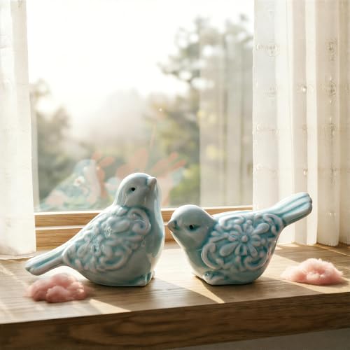 Ceramic Green Bird Figurines Set of 2, Hand-Painted Decorative Bird Statues for Shelves Cabinet Home Office Decor