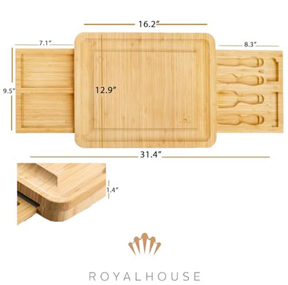 Bamboo Cheese Board and Knife Set with 2 Slide-Out Cutlery Drawers | Charcuterie Boards Set - Birthday Gifts for Women, Wedding Gifts for Couples , Bridal Shower Gifts - style: Large Cheese Board Set