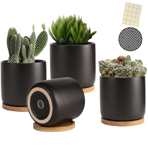 4 Inch Ceramic Black Plant Pots with Saucer and Drainage Hole, Set of 4 | Small Flower Planter Pot, Indoor Outdoor Planters, with Mesh Pads, for Herbs Cactus, Home Decor, Plants Not Included - color: Black