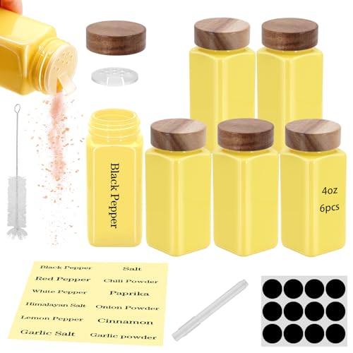 6Pcs 4 oz Square Glass Spice Jars with Label, Empty Spice Containers with Wooden Lids, Square Seasoning Containers and Supplement Set, Small Seasoning Bottles for Salt, Sugar, Pepper (Yellow) - color: Yellow