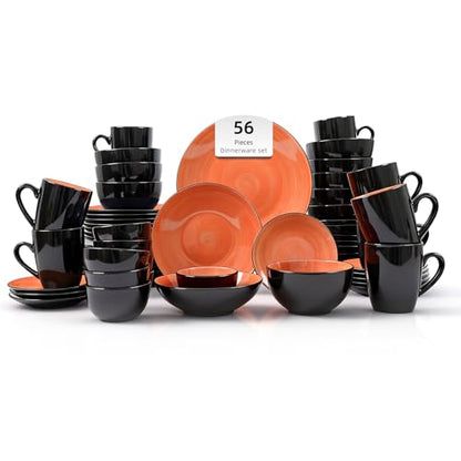 Stoneware Sonoma 56pc Dinnerware Set, Black + Speckled Spin Wash Orange - color: Orange