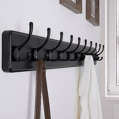 SKOLOO Rustic Wall Mounted Coat Rack, Case of 2, Pine Solid Wood Coat Hook Hanger - 10 Hooks for Hanging Clothes Robes Towels Coats - color: Black Plate & Black Hook, size: 2 Item-10 Hooks